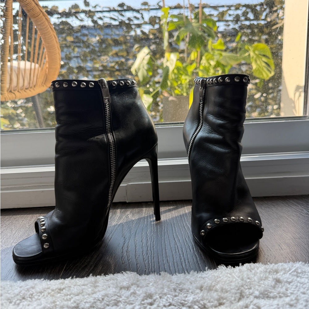 Yves Saint Laurent Black Leather Studded Peep-Toe Heeled Boots